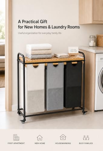 105L Laundry Hamper with Wheels, 3 Section Rolling Laundry Sorter Cart with Bamboo Shelf, Large Clothes Basket for Laundry Room and Bathroom