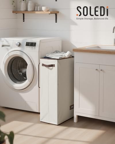 SOLEDI Slim Laundry Basket with Lid, Narrow Laundry Hamper for Small Space - color: Off-White, size: 70L