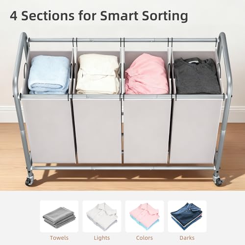 STORAGE MANIAC Laundry Sorter 4 Section, 47.5 Gal (180 L) Laundry Hamper with Wheels, Clothes Divider Basket Sorter, Separator Hamper Cart with Removable Bags, Gray (Pack of 2) - color: Gray, size: 4 Section (Pack of 2)