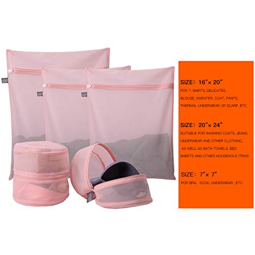 Kimmama Lingerie Bag for Washing Delicates, Pink Bra Bags for Laundry, 5pcs - color: Pink, size: 1XL(20x24")+2L(16x20")+2Bra Bag