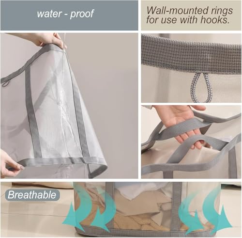 Mesh Bag with Handles, Collapsible Laundry Basket, Foldable Laundry Bag, Breathable Folding Beach Bag,Space-saving Travel Tote Bags (1, Blue) - color: Blue