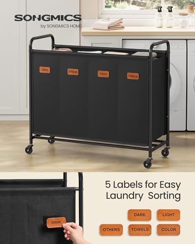 SONGMICS 4-Section Laundry Sorter, with Wheels, Removable Bags - color: Ink Black, size: 200 L