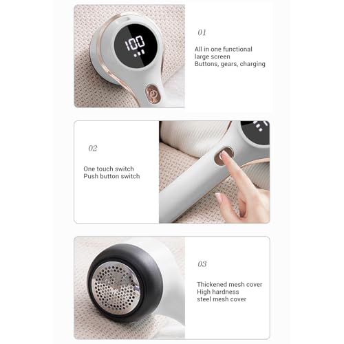 Electric Fabric Shaver Lint Remover, Rechargeable Electric Portable Sweater Defuzzer with Digital Display, Adjustable 6 Leaf Blades Lint Remover for Clothes Furniture (White) - color: White