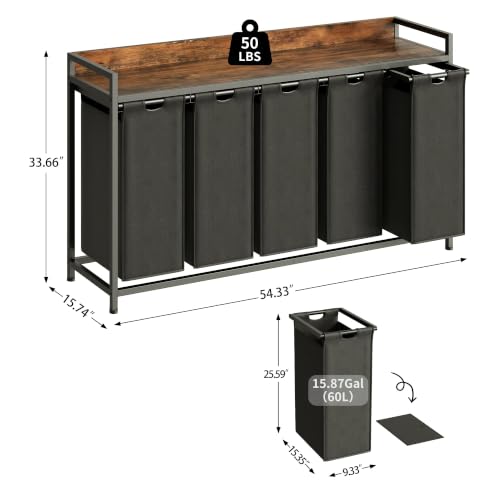 Herture Laundry Hamper with Shelf, Laundry Basket 5 Section, Laundry Sorter with Pull-Out Removable Large Bags and Movable Wheels, Metal Frame, 5 x 15.87 Gallons (60L), Rustic Brown + Black PF08XLY - color: Rustic Brown + Black, size: 5 Bags-300 L