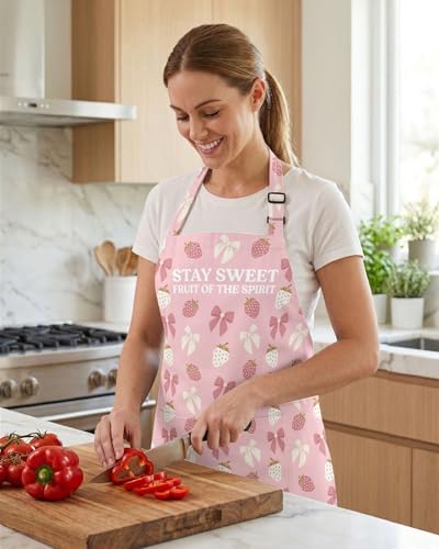 Women Apron, Cute Kitchen Aprons for Women, Girls - color: Pink Strawberry
