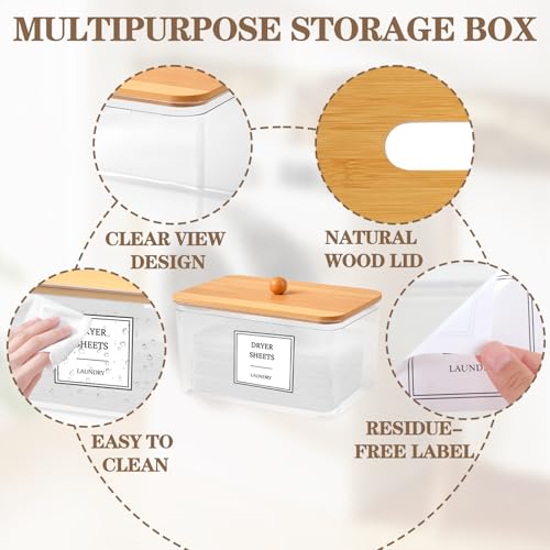 Dryer Sheet Holder, Clear Dryer Sheet Dispenser with Bamboo Lid