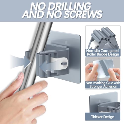 3-H 8-Pack Self Adhesive Broom Holder Wall Mount - Heavy Duty No Drill Broom Organizer for Garage Closet Kitchen, Plastic Storage Rack for Brooms Mops Tools, Peel and Stick Adhesive - color: Grey, size: 8