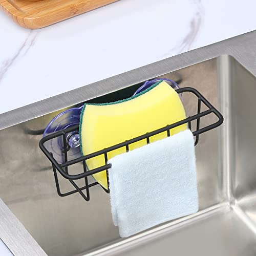 TESOT Sink Caddy Sponge Holder for Kitchen Sink Dish Cloth Hanger 2 Suspension Options(Suction Cups and Adhesive Hook), SUS304 Stainless Steel, Black - color: Black