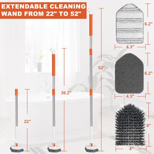 Tile Tub Scrubber Brush with 52-inch Adjustable Long Handle 3-in-1 Rotatable Shower Brush for Cleaning,3 Different Replacement Brush Heads for Cleaning Tub Tile Bathroom Kitchen Walls ,Orange