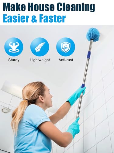 Cobweb Duster with Extension Pole, 8 ft Spider Web Brush for Outdoor House Cleaning, Cob Web Remover for High Ceilings Fans, Medium-Stiff Bristles Round Head, Steel Long Handle, Lightweight Cleaner - size: 8 FT