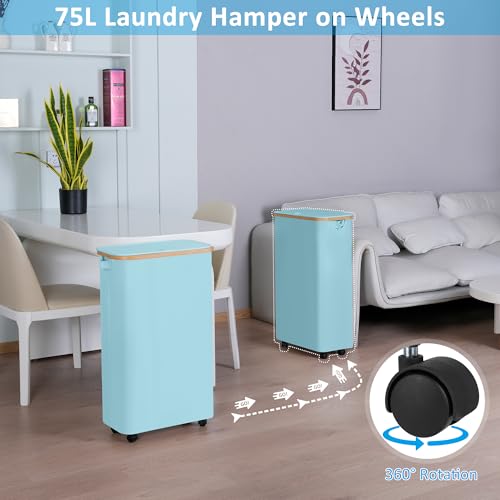 efluky Slim Laundry Hamper with Wheels, Narrow Laundry Basket with Lid and Removable Bag, Aesthetic Dirty Clothes Hamper on Wheels for Laundry Room, Bedroom, Dorm and Bathroom, 75L Beige - color: Glacier Blue, size: 75L