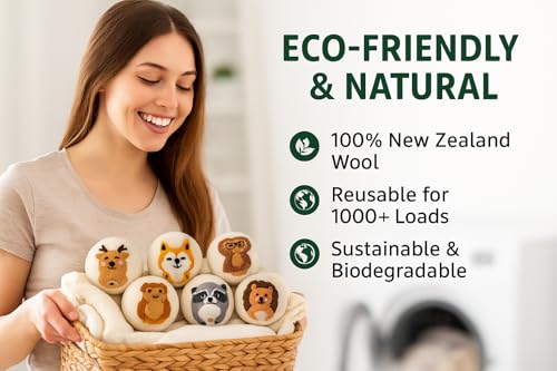 Laundry Wool Dryer Balls | Natural Fabric Softener – Reusable, Eco-Friendly, Reduces Drying Time – Wool Balls Replaces Dryer Sheets - 6 XL Pack - Laundry Balls for Dryer - color: Animals