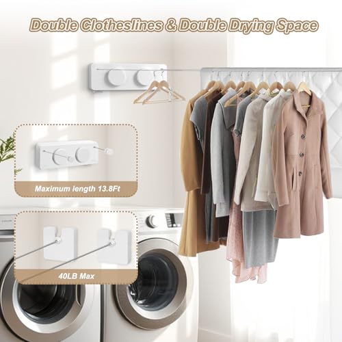 Retractable Clothesline Indoor, Non-Sagging Outdoor Clothes Line Retracting, 16.7 Ft Heavy Duty Clothes Drying Laundry Line, Wall Mounted Stainless Steel Clothesline for Balconies (Double line-White) - color: Double Line-white