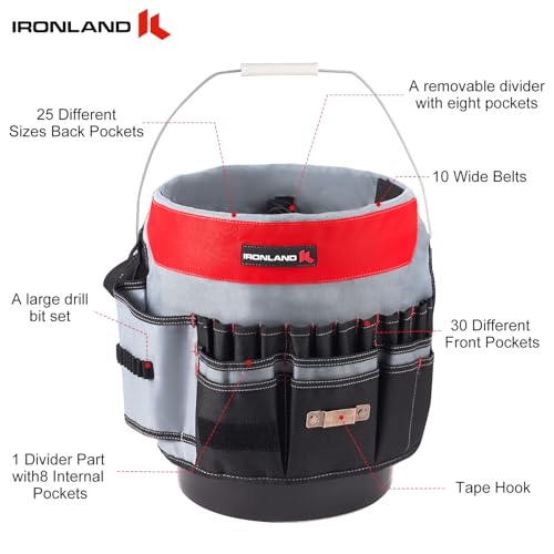 IRONLAND Bucket Tool Organizer Fit 3.5-5 Gallon Bucket, 64 Pockets, Bucket Tool Caddy Organization for Garden, Construction, Carpenter, Electrician, Builder red - color: Red, size: Medium - 64 Pockets