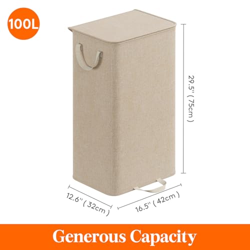 Lifewit Single Laundry Hamper with Lid, Removable Laundry Bags, Beige - color: Beige, size: 100L