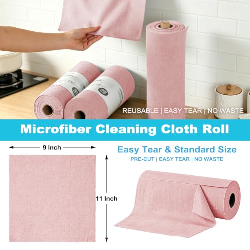 Puomue 55 Pack Microfiber Cleaning Cloth Roll, Tear Away Reusable Paper Towels, 11" x 9", Ultra Absorbent & Lint Free Microfiber Cloth for Cleaning Cars, Kitchen, Window, Home and Shop, Pink - color: Pink, size: 9”x11”-55PK