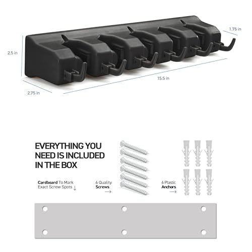 Mop and Broom Holder Wall Mount - Garage Storage Organizer with 5 Slots, 6 Hooks, 7.5lbs Capacity Per Slot - Home, Kitchen, Closet, Garden Tools, Laundry Room Organization – Black Broom Hanger - color: Black, size: 1 Pack 5-position, 6-Hooks