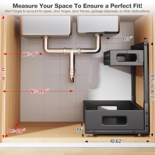 2 Pack 19IN-Depth Under Sink Organizer,Pull Out Cabinet Organizer With Smooth Cylindrical Rail,Metal Slide Out Drawer for Kitchen Bathroom Laundry,8-Level Tool Free Height Adjustable-Black - color: Black, size: 2 Pack-19"Dx9.5"-16.7"H