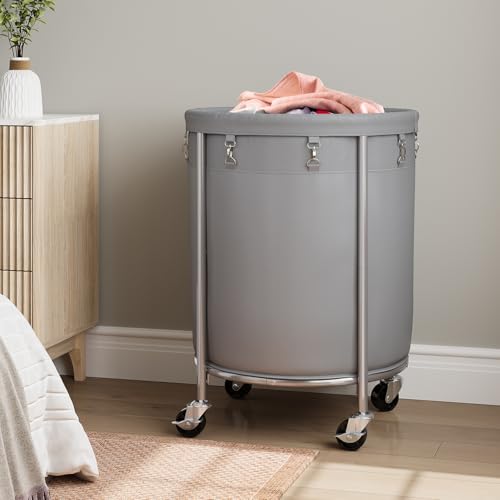 ELYKEN Laundry Basket with Wheels, Round Rolling Laundry Hamper, Gray - color: Gray, size: 190L