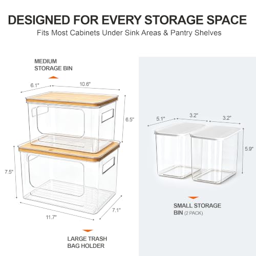 Trash Bag Organizer Under Sink Storage, 4 Piece Stackable Clear Storage Bins with Bamboo Lids, Fits 13/30/33 Gallon Bags, Organizer for Laundry Pods, Dishwasher Pods, Kitchen Pantry - size: bamboo lid