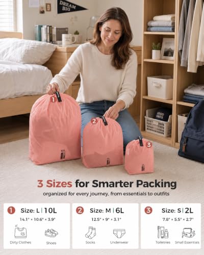 P.travel 3 Pack Travel Laundry Bags for Suitcases, Lightweight Water-Resistant Drawstring Bags for Dirty Clothes, 3 Sizes Reusable Luggage Organizer Bags for Travel, Gym & Swim, Pink - color: Pink