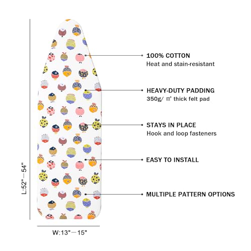 Ironing Board Cover and Pad Standard Size 15" x 54",3 Pairs of Hook and Loop Fastener Straps,Elastic Edges,Cotton Iron Board Cover with Scorch Resistant Thick Padding(White+Fishes) - color: White+fishes