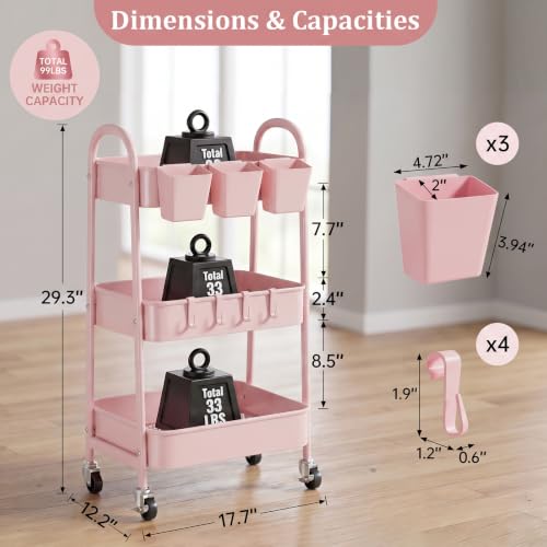 danpinera 3-Tier Rolling Cart, Utility Cart Mobile Metal Rolling Storage Cart with Lockable Wheels & Hanging Cups & Hooks for Kitchen, Bathroom, Office, Workshop, Pink - color: Pink, size: 3 tier