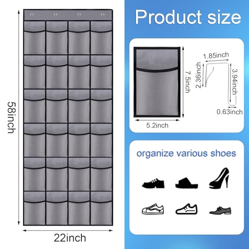 Over the Door Shoe Organizer,24 Mesh Pockets,Hanging Storage (Grey) - color: Grey, size: 58"x22"