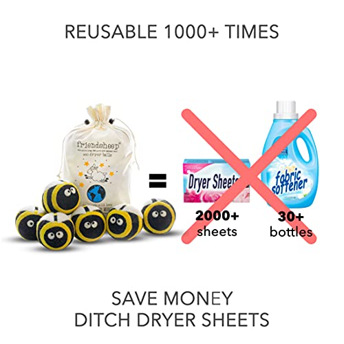 Friendsheep Wool Dryer Balls, Organic Reusable Fabric Softener Alternative for Laundry, Handmade, Fair Trade, Hypoallergenic, Eco-Friendly, Plastic-Free (6 Pack XL – Busy Bees) - color: Busy Bees, size: 1 Count (Pack of 6)