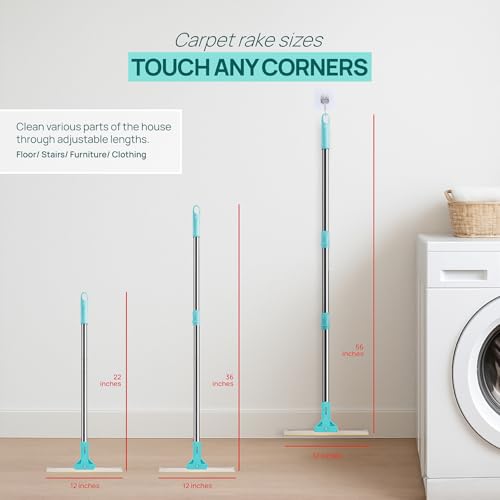 Carpet Rake for Pet Hair Removal, 3-Pack Reusable Dog & Cat Hair Remover Tool Set, Adjustable 56in Long Handle Carpet Rake + Mini Lint Brushes for Rugs, Couches, Floor Mats, Stairs, Car Seats