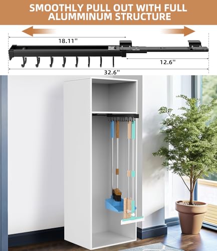 Pull Out Broom Holder With Adjustable Double Row Sliding Hook-Black 18.11in - color: Black, size: 46cm/18.11inch