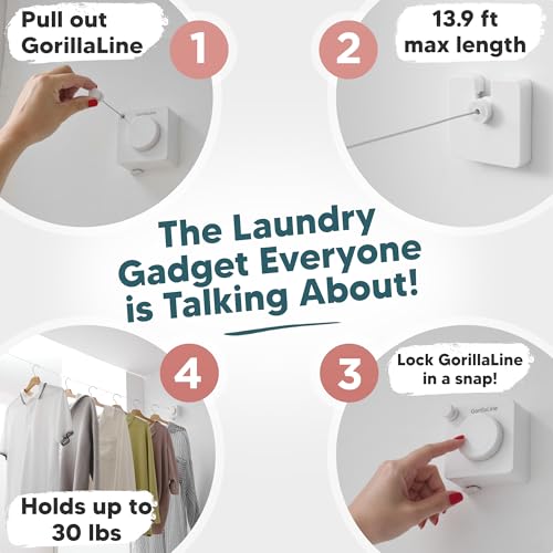 GorillaLine Basic - Retractable Clothesline Indoor Outdoor Clothes Line - Non-Sagging Heavy Duty Clothes Drying Laundry Line - Wall Mounted Drying Rack - Air Dry Clothing - Tighten with GorillaGrip - color: White