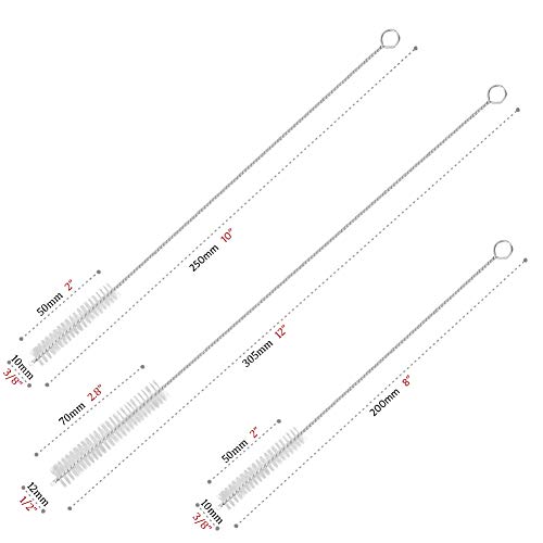Drinking Straw Cleaning Brushes Set Pipe Tube Cleaner Nylon Bristles Stainless Steel Handle 8" 10" 12" Extra Long 10mm 12mm Extra Wide Diameter - Set of 4