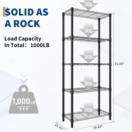 Garvee Metal Storage Shelves 5-Shelf Adjustable Wire Shelving Unit 2 Pack - size: 35"W x 72"H x 15.7"D-2 Pack