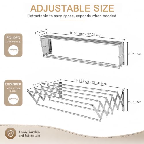 Wall Mounted Drying Rack, Wall Mount Clothes Drying Rack Retractable, Space Saving Accordion Laundry Rack with 7 Staggered Rods, Wall Drying Rack for Bathroom Laundry Room Balcony