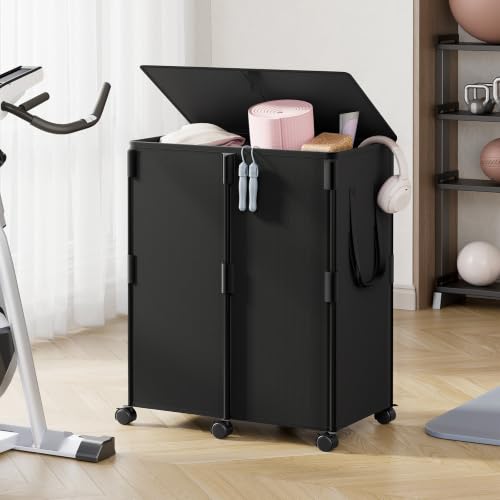 160L Double Laundry Hamper with Lid and 6 Wheels, Rolling Laundry Basket - color: Black, size: 160L(24.8"L x 14.2"W x 29.92"H)