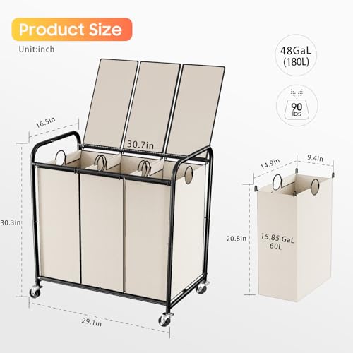 180L Laundry Sorter 3 Section, Rolling Laundry Basket with Wheels and Lid - color: White-3Sec, size: 47.55Gal