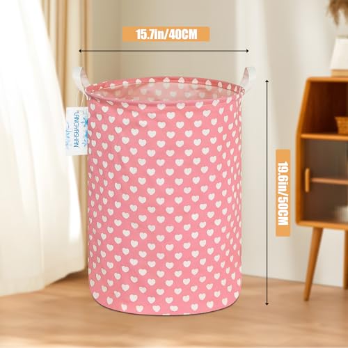 Round Laundry Basket Collapsible Storage Hamper Organizer Pink Heart - color: Pink heart