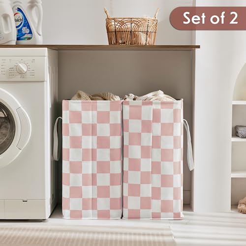 Checkered Laundry Hamper, Pack of 2, Large Pink Collapsible Cloth Hampers Basket for Storage Girls Wome Organization Cute Aesthetic, 2 x 75L - color: Pink