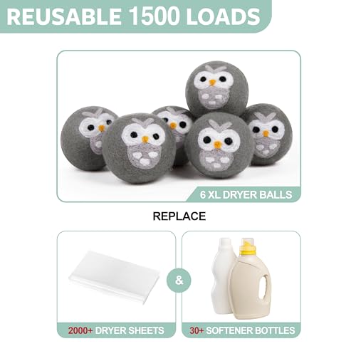 Calindiana 100% Organic Premium New Zealand Wool Dryer Balls Laundry Reusable Fabric Softener, Cute Dryer Sheets Alternative, Anti Static XL Size 6 Pack, Grey Owl - color: Grey