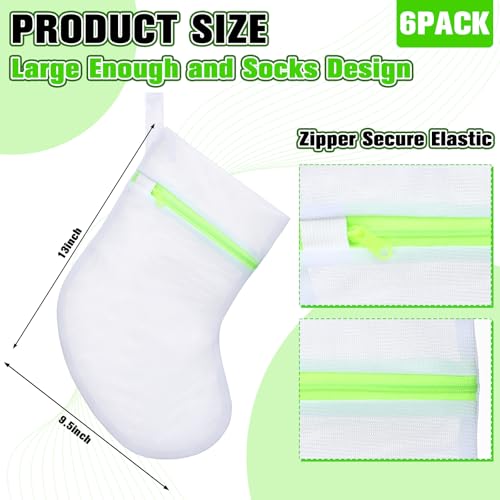 SiliFine 6 Pack Sock Shaped Laundry Bags for Washing Machine 13 x 10 Inch Fine Mesh Wash Bags with Zipper Hanging Handle Laundry Organizer Bag for Socks Dryer and Small Items