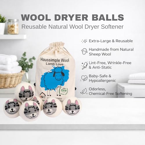 Wool Dryer Balls Organic Felt 6 Pack Laundry Fabric Softener, Extra Large Reusable Handmade Natural Sheep Wool Lint Wrinkle Free Anti Static Baby Safe (Cat) - color: Cat