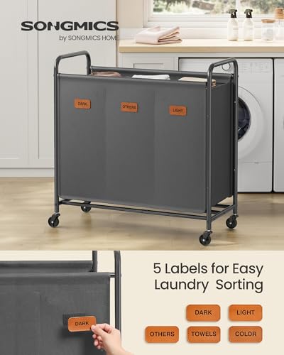 SONGMICS 3-Section Laundry Sorter, with Wheels, Removable Bags - color: Slate Gray, size: 170 L