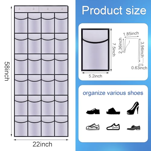 Over the Door Shoe Organizer,24 Mesh Pockets,Hanging Storage (White) - color: White, size: 58"x22"