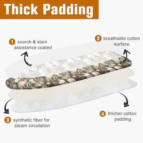 Vintage Green White Magnolia Floral 15"x54" Ironing Board Cover with Padding Cotton Scorch and Stain Resistant Padding Standard Size Heavy Duty Thick Padding Heat Reflective - color: Green/White