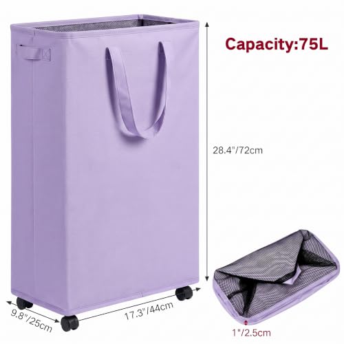 efluky Slim Laundry Hamper with Wheels, Rolling Laundry Basket for Clothes, Small Laundry Basket for Bedroom, Dorm and Laundry Room, 75L (19.8 Gallons) Purple - color: Purple, size: 75L