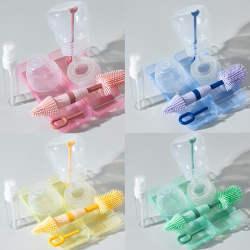 Travel Bottle Brush, 6-in-1 Portable Travel Bottle Cleaner Kit with Small Bottle Brush Built in Drying Rack, Nipple Brush, Straw Brush, Soap Dispenser, for Baby Bottles Under 8 OZ, BPA-Free(Green) - color: Green