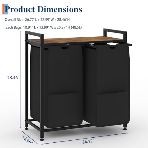 Garvee 2 Section Laundry Hamper, 97L, Rustic Brown + Black