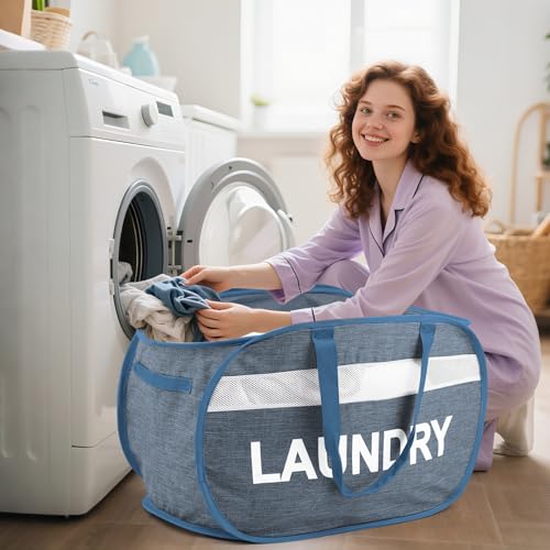 Collapsible Laundry Baskets with Lid, Foldable Clothes Hamper with Reinforced Handles, Sturdy Pop Up Hampers for Laundry, Tear Proof & Easy to Carry Laundry Hamper for Home, Dorm, Travel Blue - color: Blue-Lid