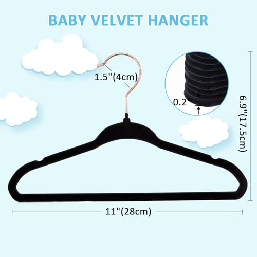 Tonswachic Velvet Baby Hangers 30 Pack - 11 Inch Premium Felt Non Slip Kids Hanger for Infant Toddler Clothes - 0.2" Ultra Thin Baby Clothes Hangers for Children's Closet with 10 Hanger Clips - Black - color: Black, size: 30 Pack